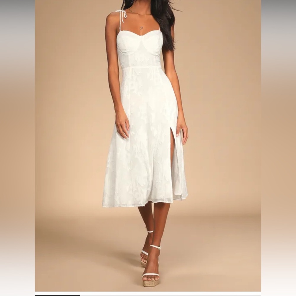 Lulus Loveliest Looks White Floral Jacquard Tie-Strap Midi Dress white size L
